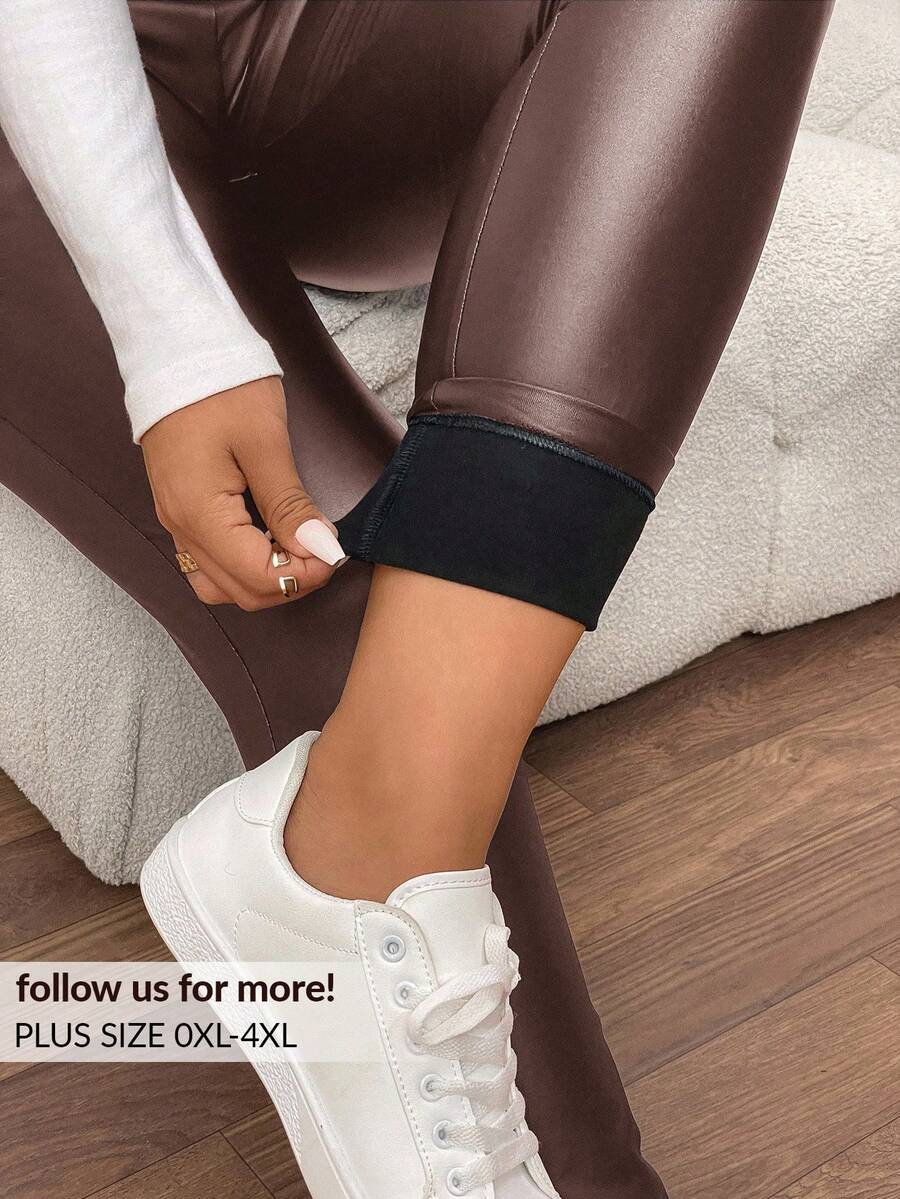 Lounesse Plus Solid High Waist PU Leather Leggings - Brown - View 1