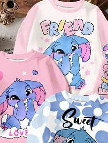 Sudadera holgada de punto de manga larga cómoda para uso diario con cuello redondo, con estampado de conejo azul de Lulu y Stitch, degradado azul floral, blanco crema y rosa crema, adecuada para otoño/invierno, vibraciones de vacaciones, viaje soleado, atuendos casuales de primavera, escapada de verano, momentos familiares, estilo Y2K chica coco boho vacaciones primavera, vibraciones de playa neón, festival de música hippie bohemia