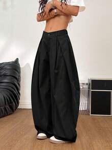 SHEIN PETITE CURVE Quần ống loe xếp ly màu trơn dáng rộng dành cho nữ cỡ lớn - màu đen - Xem 6