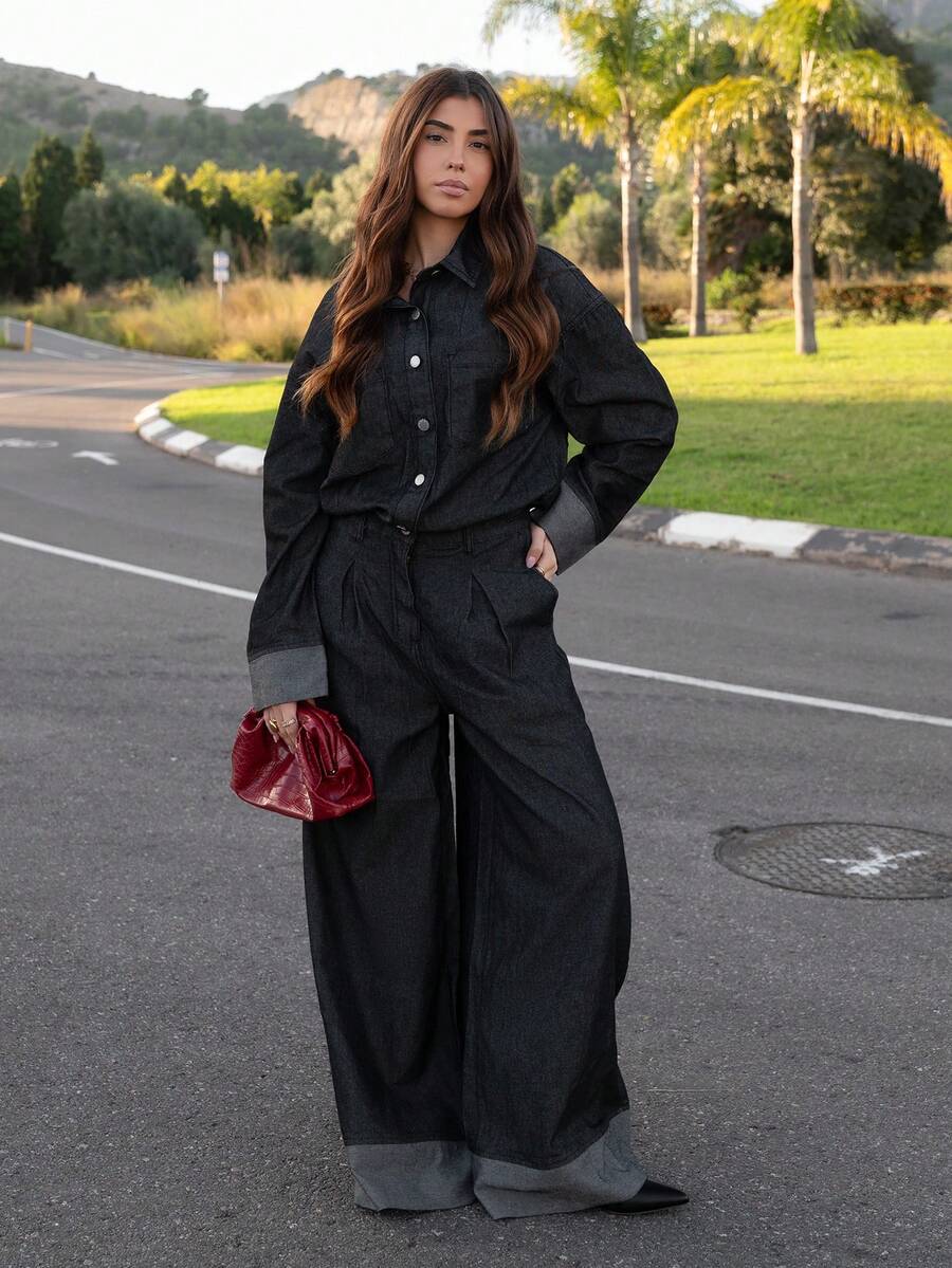 Hitanina Combinaisons en jean à manches longues avec poches boutons, style décontracté mode pour femmes