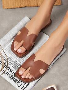 SHUZIA 女士方头露趾H型棕色PU皮时尚平底凉鞋