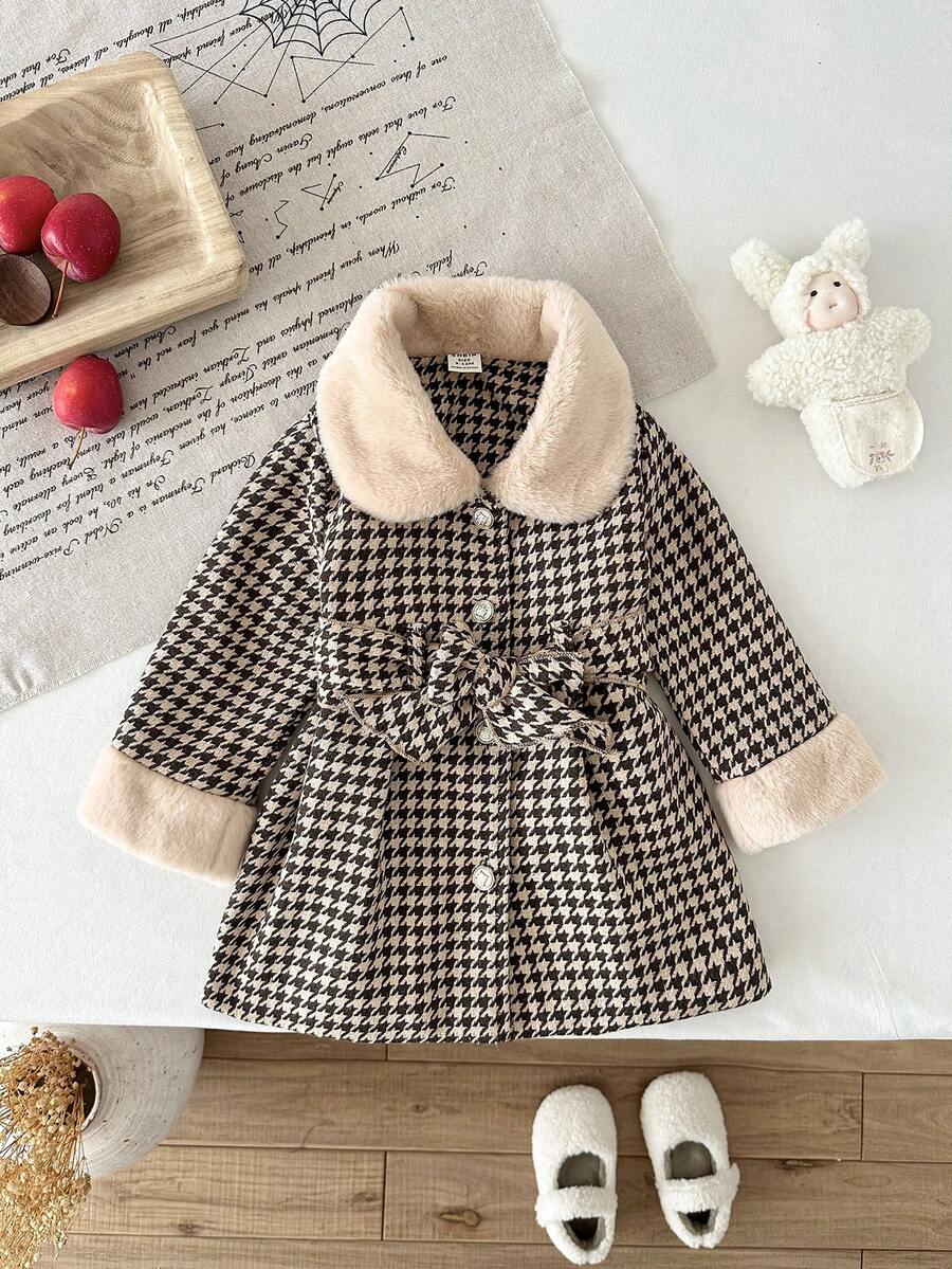 SHEIN 女婴6个月-3岁外套,两件套,优雅日常风,适合冬季穿着,抓绒领装饰长袖千鸟格外套及腰带 - 棕色 - 查看 1