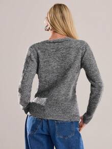 Avantive Áo len dài tay cổ chữ V thiết kế sequin, cài nút phía trước, thời trang đa năng cho nữ, mùa thu/đông - Xám - Xem 2