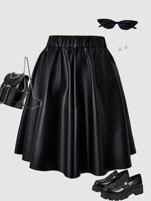 SHEIN ChillGrl 女童 PU 皮革半身裙，厚实面料，Y2K 可爱风格，腰间蝴蝶结装饰，适合春秋季休闲、派对、度假穿着。 - 黑色 - 查看 2