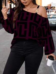 EMERY ROSE Plus Geo Print Asymmetrical Neck Lantern Sleeve Blouse, For Thanksgiving One Shoulder Top - Red Violet - View 6