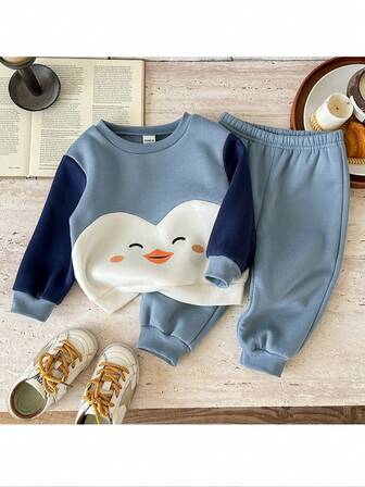 2 Peças Conjunto de Moletom Casual com Gola Redonda e Calça em Cores Contrastantes para Menino Bebê