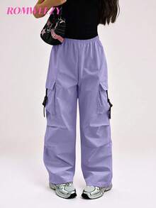 Sparklyn Tween Girls' Elastic Waist Cargo Pocket Pleated Loose Leg Pants - Purple - View 6