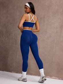 Dewbera Women 2-In-1 Cropped Tank Top And Leggings Sports Set - Navy Blue - View 2