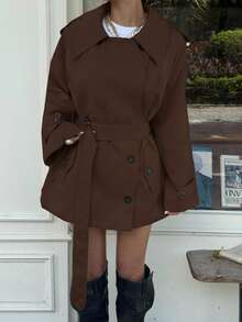 Muchica 女士时尚优雅双排扣束带风衣法式风衣女装风衣秋冬女装风衣 - 棕色 - 查看 8