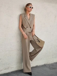 CLARA VERO Striped Wide Shoulder Vest & Pants Suit Set - Mocha Brown - View 4