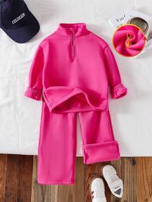 SHEIN Playful Pals 2pcs Young Girl Knitted Sweatshirt, Single-Sided Fleece Half-Zip Pullover Top, Casual Classic Versatile Light Gray 2-Piece Set - Pink - View 1