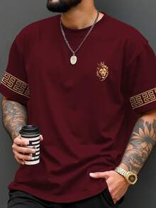 Manfinity LEGND Plus Size Men's Fashion Fierce Lion Print Short Sleeve T-Shirt, Casual Tee, Minimalist & Versatile, Great Gift For Boyfriend Or Family