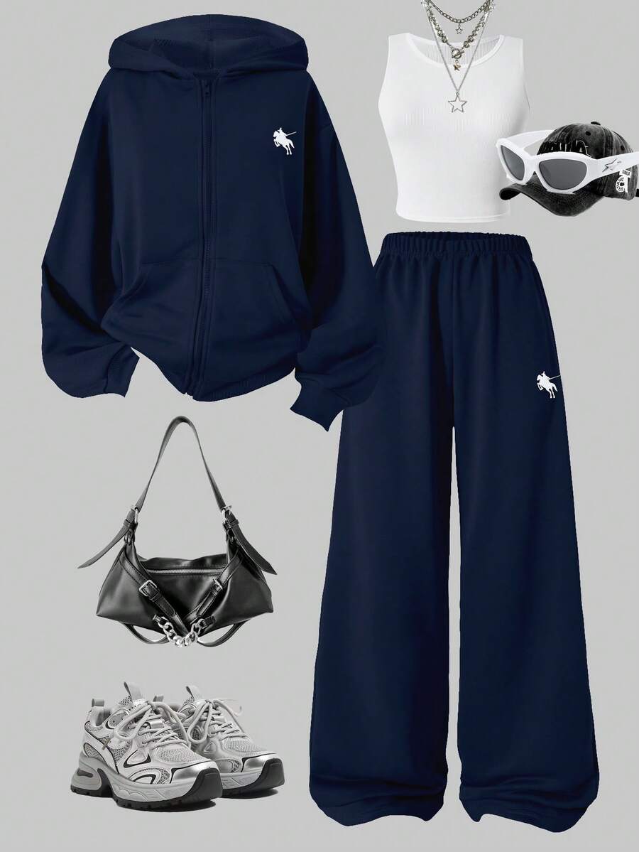 Sparklyn 3pcs/Set Teen GirlCasual Outfit, Including Hooded Zip-Up Sweatshirt With Horse Print, White Tank Top, And Elastic Waist Straight Leg Pants, Autumn - Royal Blue - View 1