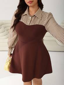 Solflare 大码女式春秋季休闲通勤拼接条纹印花两件式收腰连衣裙 - 彩色 - 查看 4