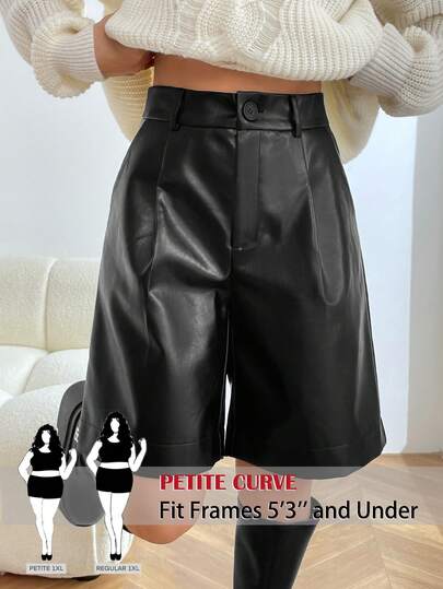 SHEIN PETITE CURVE Plus Size Fashionable Versatile Solid Color Wide Leg Shorts,Plus Size Shorts For Women, Petite Women Pants, Leather Short, Short Pants,Black PU Shorts,Summer Outfits For Women, Valentines Day Outfit,Elegant  Shorts,Daily Commute, Office, Graduation, School