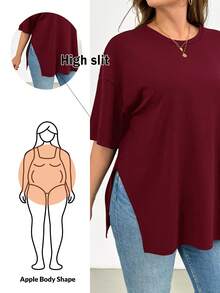 SHEIN Essnce Áo thun ngắn tay xẻ tà, kiểu dáng đơn giản, thoải mái, dễ mặc cho nữ, thích hợp mặc đi chơi, dành cho mùa xuân hè. - Màu Đỏ Sâu - Xem 6