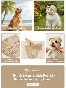 PETSIN 1pc Khaki Simple Casual Elegant Sun Hat, Pet French Style Lace Sun Hat For Small Dogs Teddy Poodle, Adjustable Cat Dog Sun Visor With Scarf - Multicolor - View 2