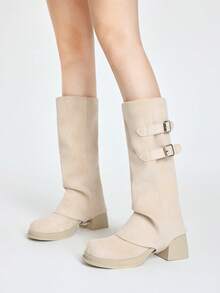 ROMWE Kawaii 女士时尚双排扣侧扣方跟圆头踝靴，百搭简约修身，适合春秋季节 - 杏色 - 查看 2