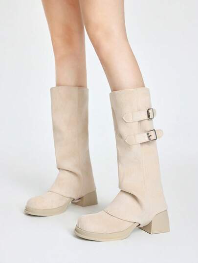 ROMWE Kawaii 女士时尚双排扣侧扣方跟圆头踝靴，百搭简约修身，适合春秋季节