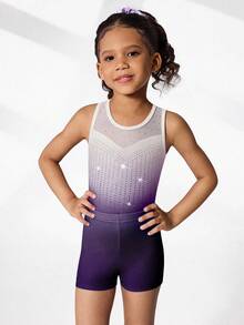 2pcs/Set Young Girls' Gymnastics Leotard And Shorts Set, Cute Printed & Rhinestone Decor, Suitable For Casual, Sports, Competition - Blue - View 6