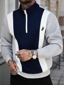 Manfinity Homme 男士撞色拼接半拉链休闲套头衫 男士四分之一拉链 - 彩色 - 查看 3