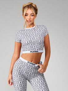 Missguided x Playboy Logo Print Short Sleeve Crop Top And High Waist Legging Lounge Co-Ord Set With Geometric Pattern Design - Multicolor - View 3