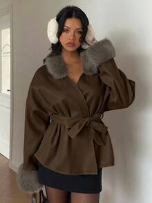 SHEIN EZwear Women's Fashionable Fuzzy Patchwork Wool Blend Jacket, Autumn/Winter - Coffee Brown - View 5