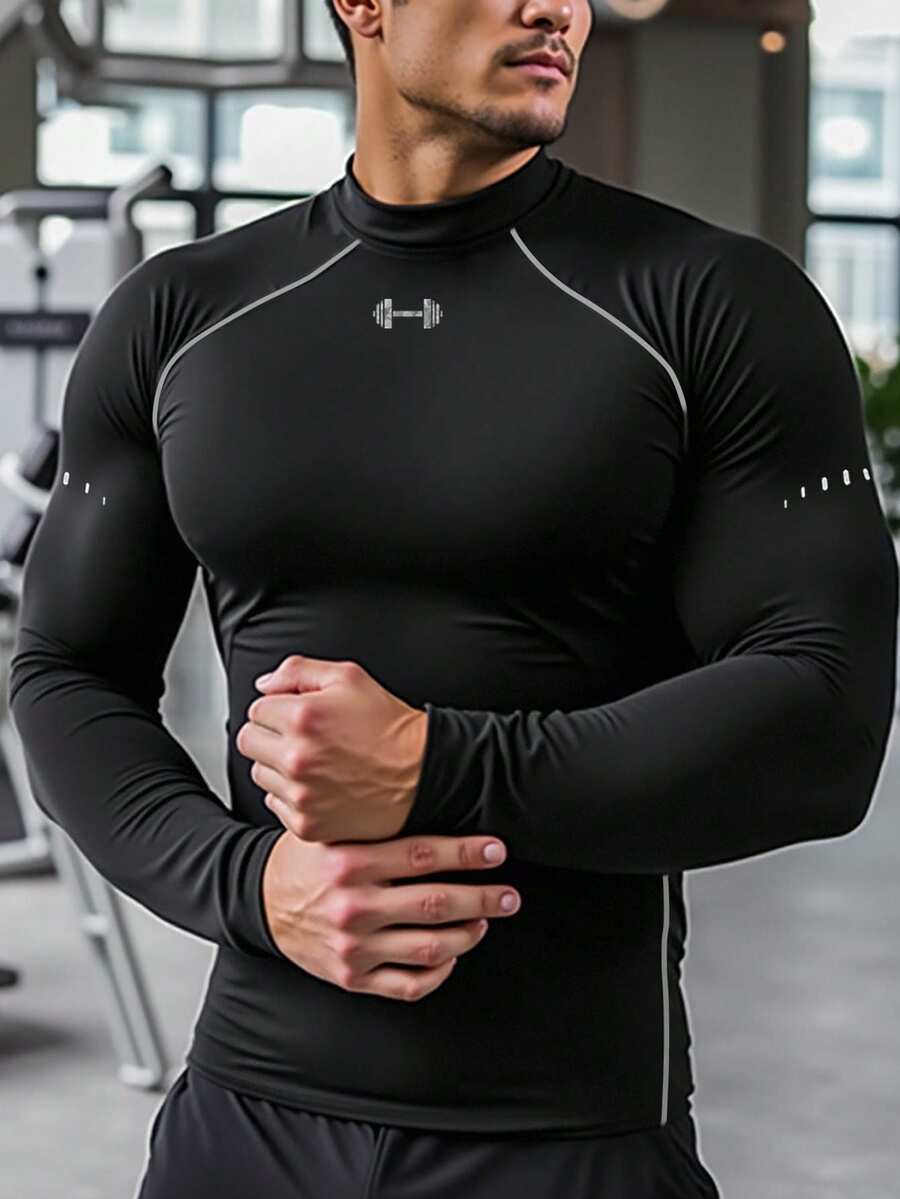 GymBeat Men's Barbell Print Raglan Long Sleeve Sports T-Shirt Rash Guard Men Workout Clothes Men Gym Wear Men Compression Shirts Turtle Neck Compression Shirt Compression Shirt Men - Black - View 1