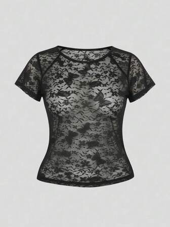 Grunge Punk Plus Size Dark Sexy Butterfly Lace Sheer Layering Top For Women