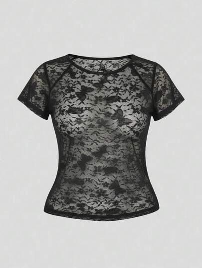 Grunge Punk Plus Size Dark Sexy Butterfly Lace Sheer Layering Top For Women