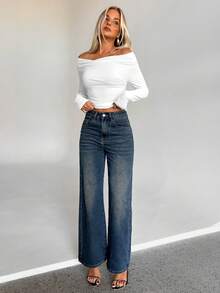 Aloruh Women's Casual Elegant Off-Shoulder Fitted Long Sleeve T-Shirt Spring - White - View 3