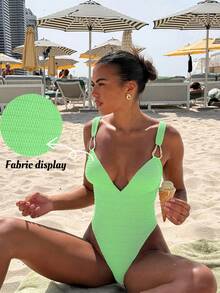 Bonvoyette Bộ đồ bơi liền thân Bandeau họa tiết khoét lỗ màu kem vàng ánh kim dành cho nữ và trang phục đi biển, mùa hè - màu xanh lá - Xem 1