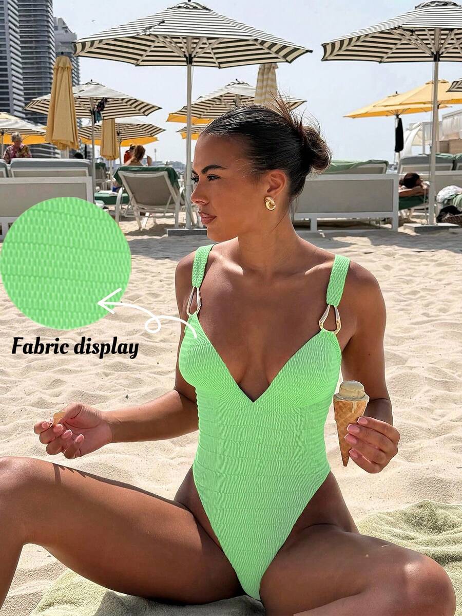 Bonvoyette Bộ đồ bơi liền thân Bandeau họa tiết khoét lỗ màu kem vàng ánh kim dành cho nữ và trang phục đi biển, mùa hè - màu xanh lá - Xem 1