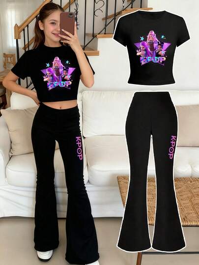 Tween Girl 2Pcs/Set KPOP Idol & Heart Graphic Black Crew Neck Snug Fit Short Sleeve T-Shirt Tops & Black Flare Pants Outfit, Casual Fashionable Comfortable Graphic Tee, Suitable For Winter, Daily Wear, Outdoor