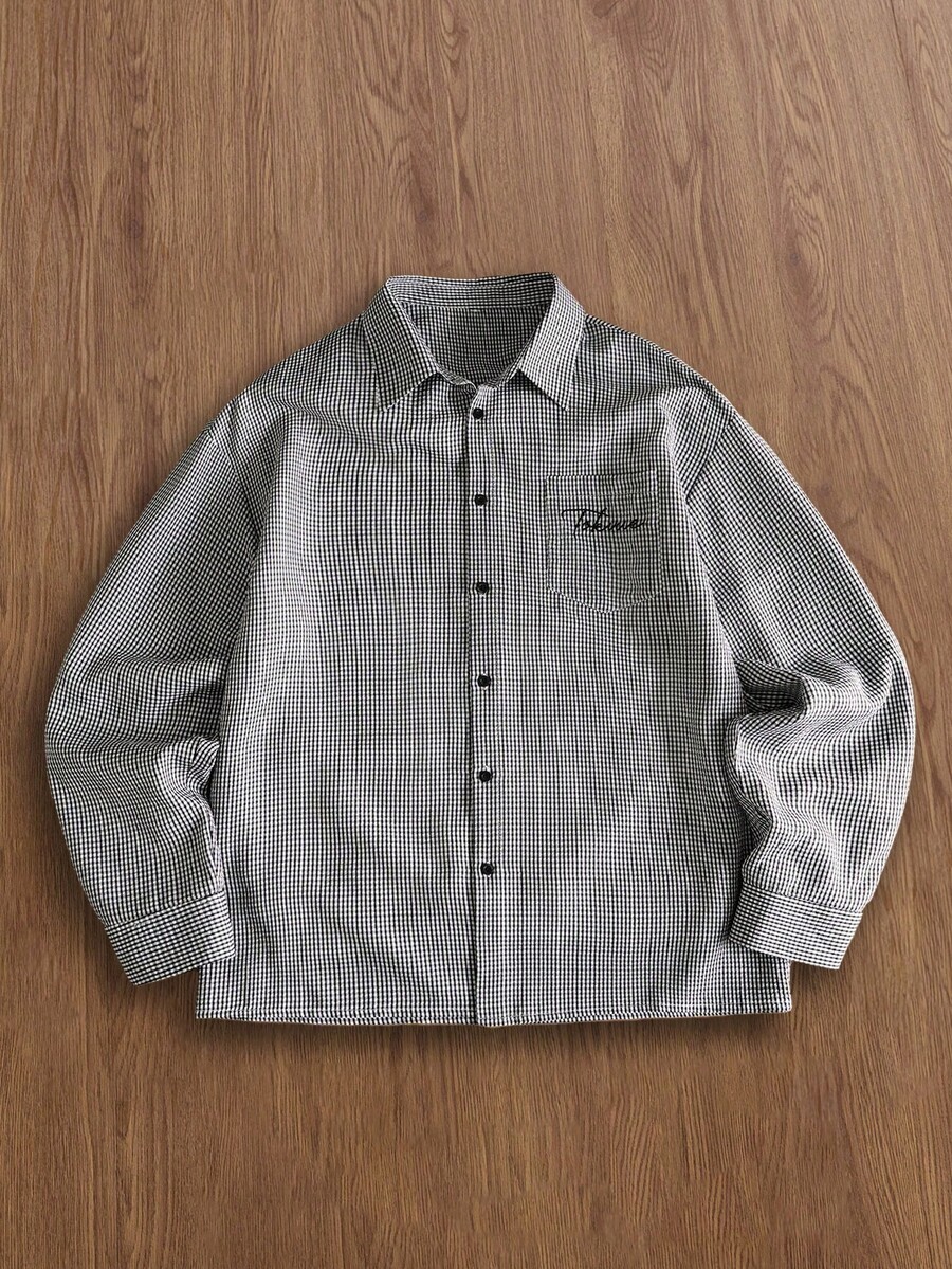 TOKVUE Camisa xadrez masculina casual folgada com bolso bordado com letras, manga comprida. - Multicolorido - Ver 1