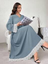 Al Najma Women's Elegant Party Contrast Color Lace Trim Arabic Style Dress