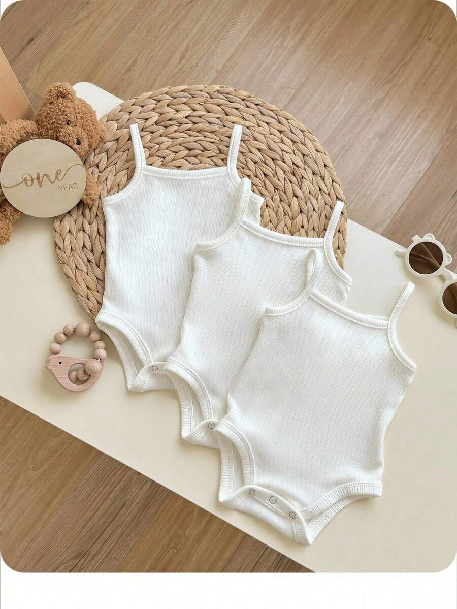 SHEIN Everyday Casual Baby Girls White Plain Cami Bodysuit Soft Fabric Sleeveless,Kids - White - View 1