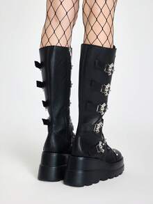 ROMWE Grunge Punk Women's Pink Round Toe Thick Bottom High Heel Long Boots, Lace-Up Elastic Fashion Boots For Autumn/Winter,Y2k Shoes - Black - View 5