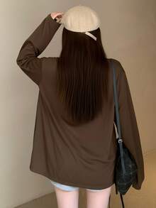 K-Vae 休闲纯色前开襟宽松外套，秋季百搭 - 棕色 - 查看 2