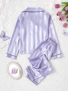 女童条纹爱心刺绣开衫长裤家居服套装（2件套），优雅简约，面料舒适，是理想的新年礼物。 - 彩色 - 查看 2