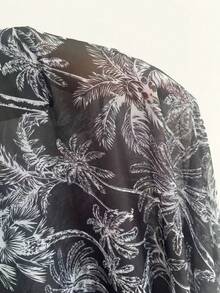 Swim Lushoire 女士沙滩度假热带印花薄纱抽绳腰中长休闲罩衫 - 黑色 - 查看 7
