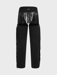 FeverCity Men's Solid Color Fringe Decor Personalized Fashion Pants - Black - View 2