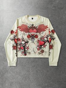 ROMWE MEN Street Life Men's Retro Graphic Print Loose Cropped Long Sleeve T-Shirt - Apricot - View 1