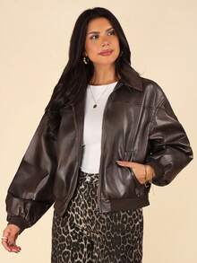 Coeurva Women's Fashionable New Distressed Leather Jacket, Autumn - Brown - View 1