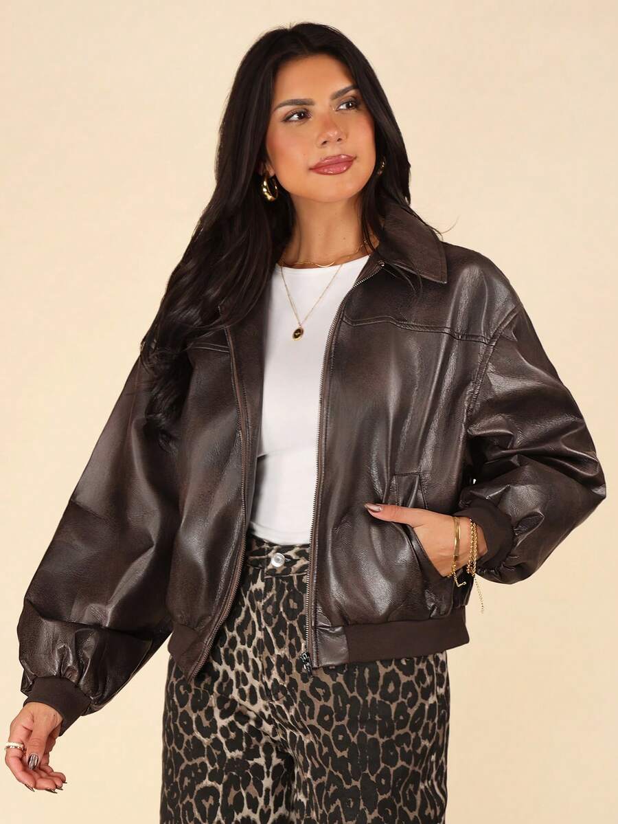 Coeurva Women's Fashionable New Distressed Leather Jacket, Autumn - Brown - View 1