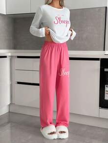 EURMUSE Women 2 Pcs Contrast Colour Lettered Printed Long Sleeve Top&Sloid Colour With Lettered Detail Pants Homewear Set - Multicolor - View 3