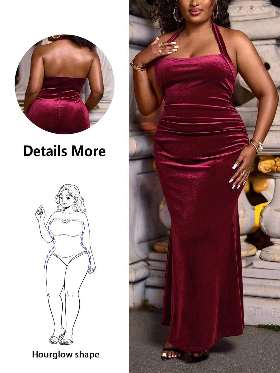 Hourglow Ceceforeign_ Plus Size Elegant Solid Color Backless Halter Neck Dress, For Autumn /Winter, For Hourglass Body Shape - Burgundy - View 1