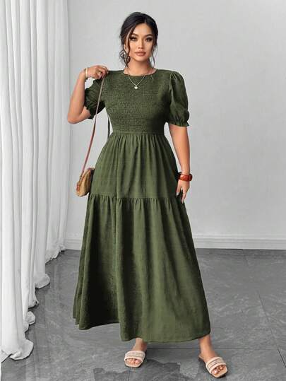 Elenzga Shien Holidaya 大码泡泡袖褶皱荷叶边连衣裙