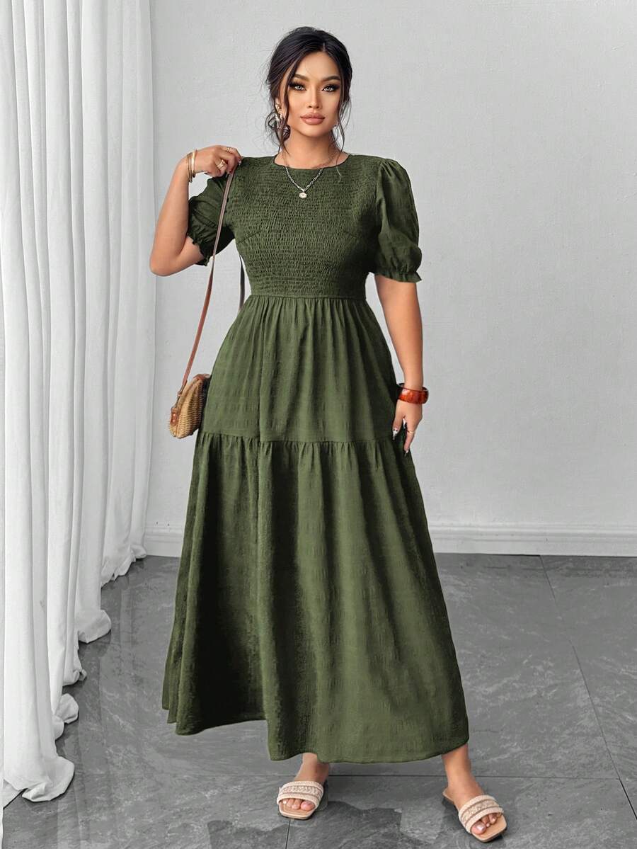 Elenzga Shien Holidaya 大码泡泡袖褶皱荷叶边连衣裙 - 軍綠色 - 查看 1