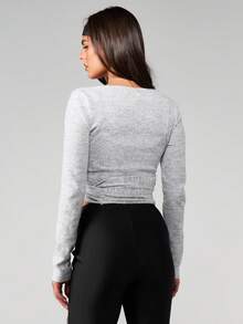 MISSGUIDED Ribbed Knit Long Sleeve Wrap Top With Side Tie Detail V Neck Cropped Casual Layering Essential Fall Winter Basic Sweater - Grey - View 2
